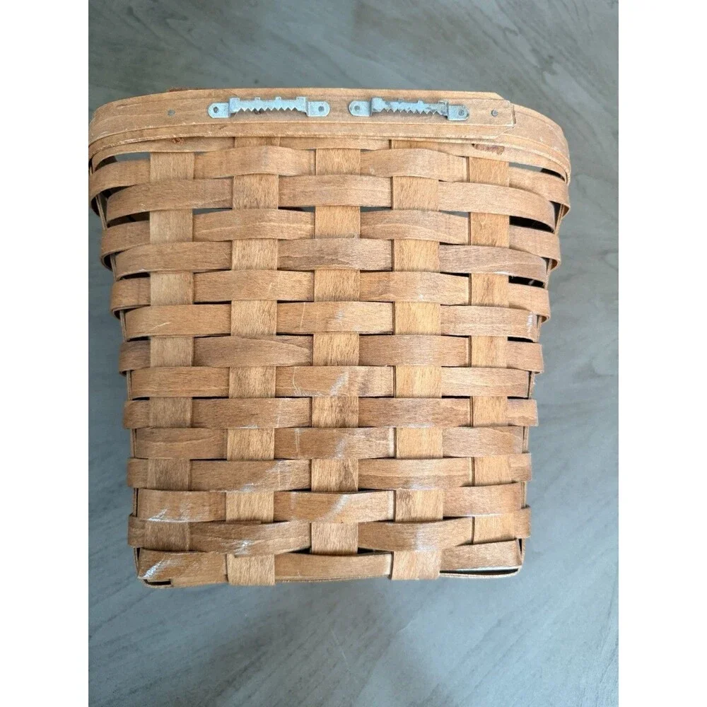 Vintage Handwoven Hanging Basket By -9th century Leather Handle 9” H